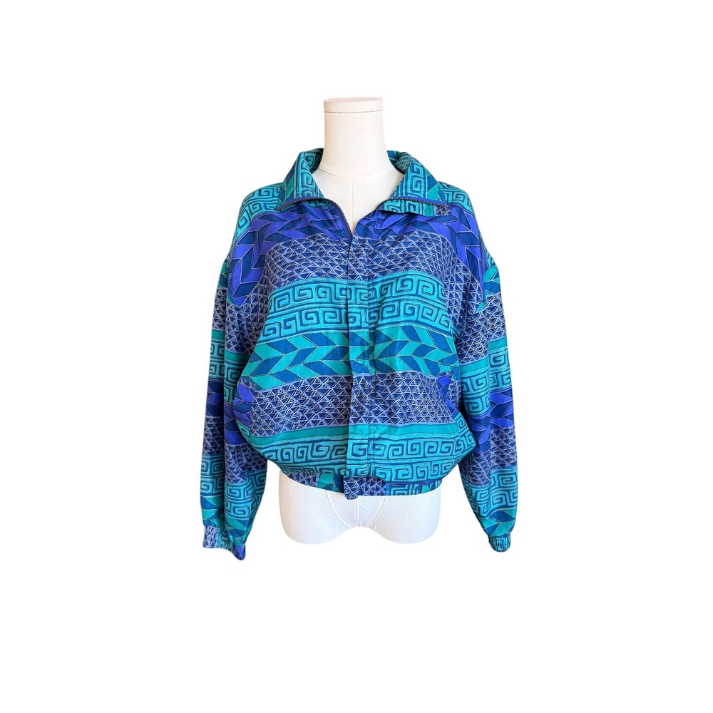 Vintage Fuda International Silk Bomber Jacket Blue Geometric Print Womens PM